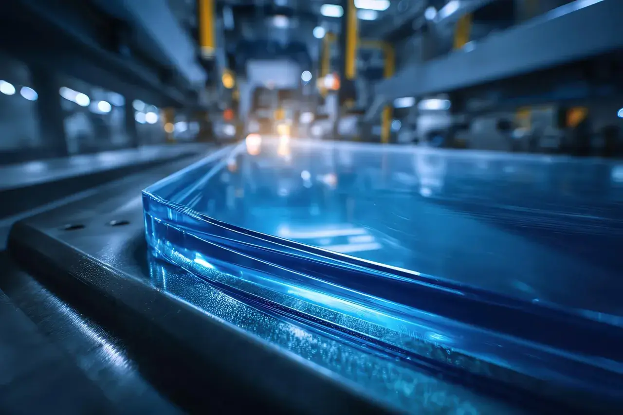 Bordo di un pannello di plexiglass blu brillante in una fabbrica. Il plexiglass è isolante termico, ideale per applicazioni industriali.