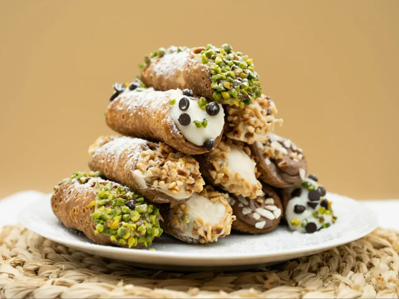 Stos idealnie udekorowanych cannoli z ricottą, posypanych cukrem pudrem, pistacjami i orzechami.