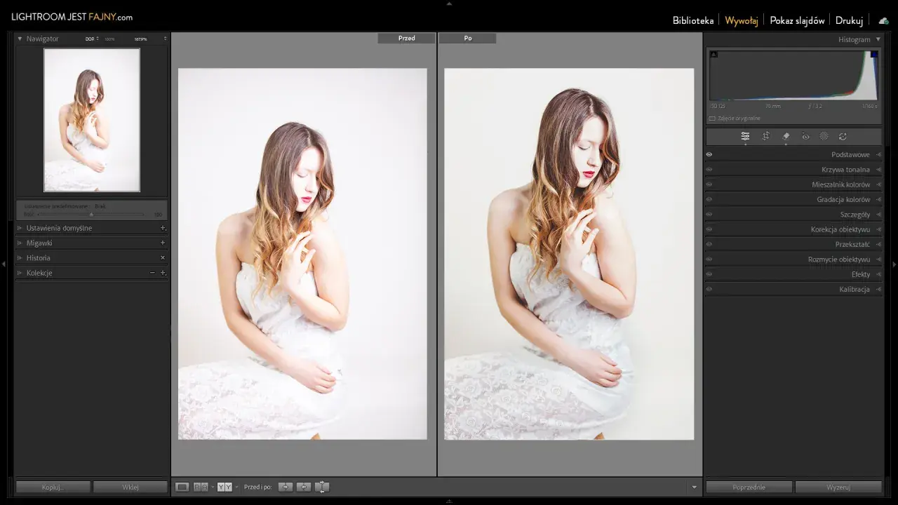 Kobieta w białej sukni, porównanie przed i po obróbce zdjęć w programie Lightroom.