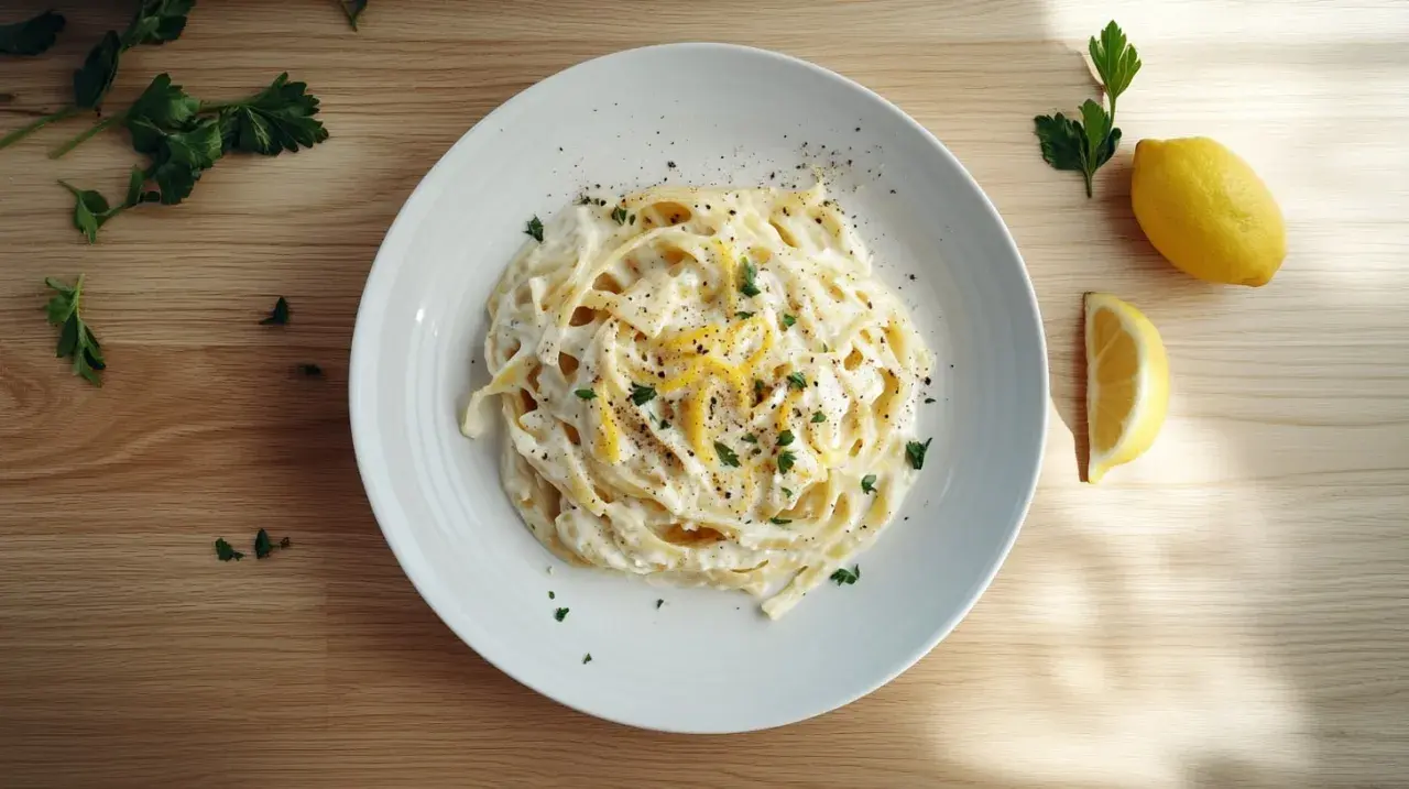 Ein Teller cremiger Spaghetti mit Zitronensauce, garniert mit Petersilie und Zitronenschale. Daneben liegen eine ganze Zitrone und eine Zitronenspalte.