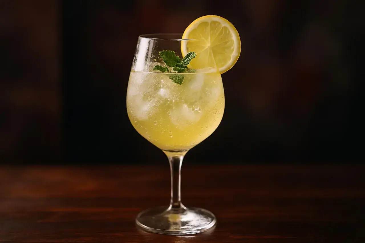 Ett uppfriskande drink med limoncello och prosecco, garnerad med citron och mynta. Perfekt för en solig dag.