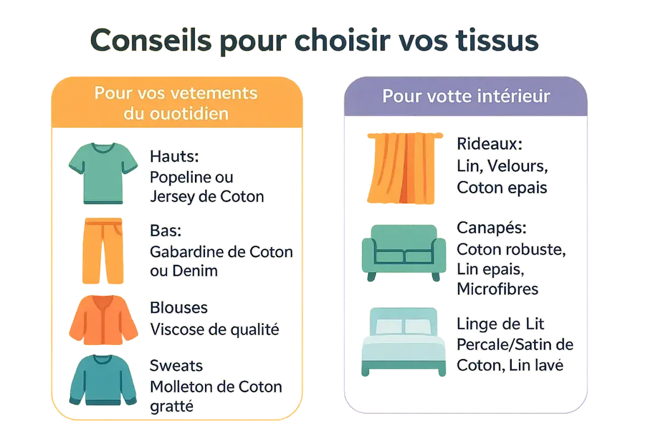 Conseils pour choisir vos tissus : vêtements du quotidien (coton, denim) et décoration intérieure (lin, coton épais). Chaque fibre naturelle a son usage.