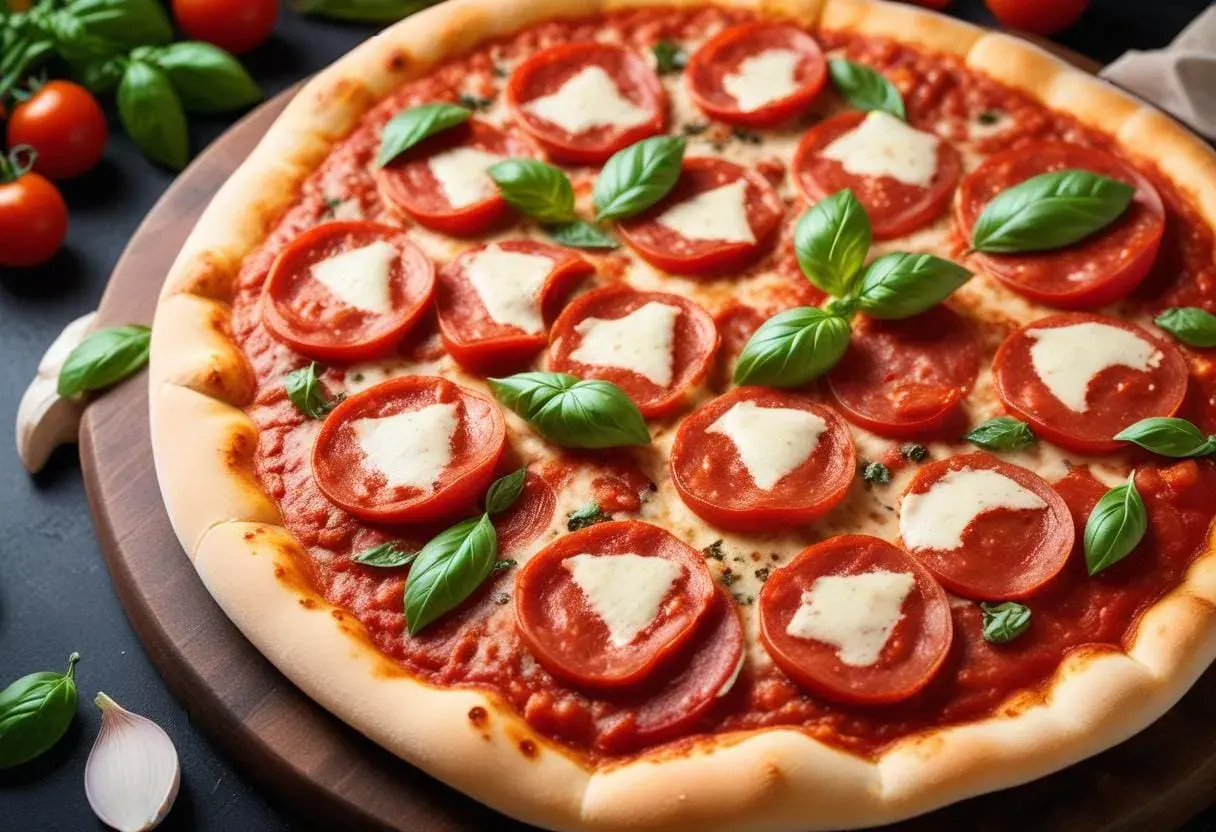En läcker pizza med tomatsås, pepperoni och färsk basilika. Perfekt för en mysig kväll.