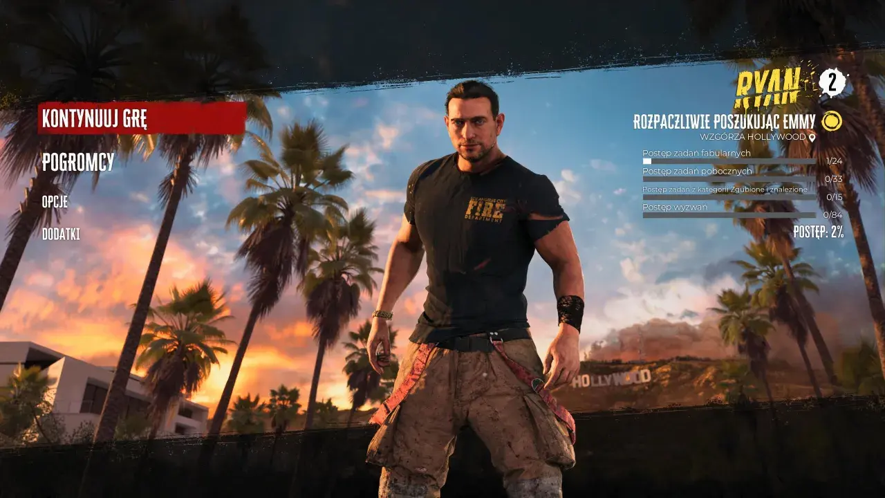 Ryan z Dead Island 2, w tle Hollywood. Czas gry: 2%.