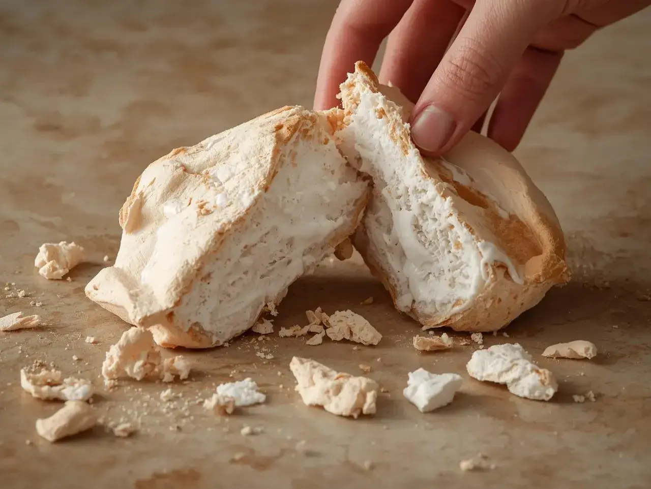 Une main casse une meringue aérienne, parfaite pour une recette meringue. Des miettes tombent sur le plan de travail.