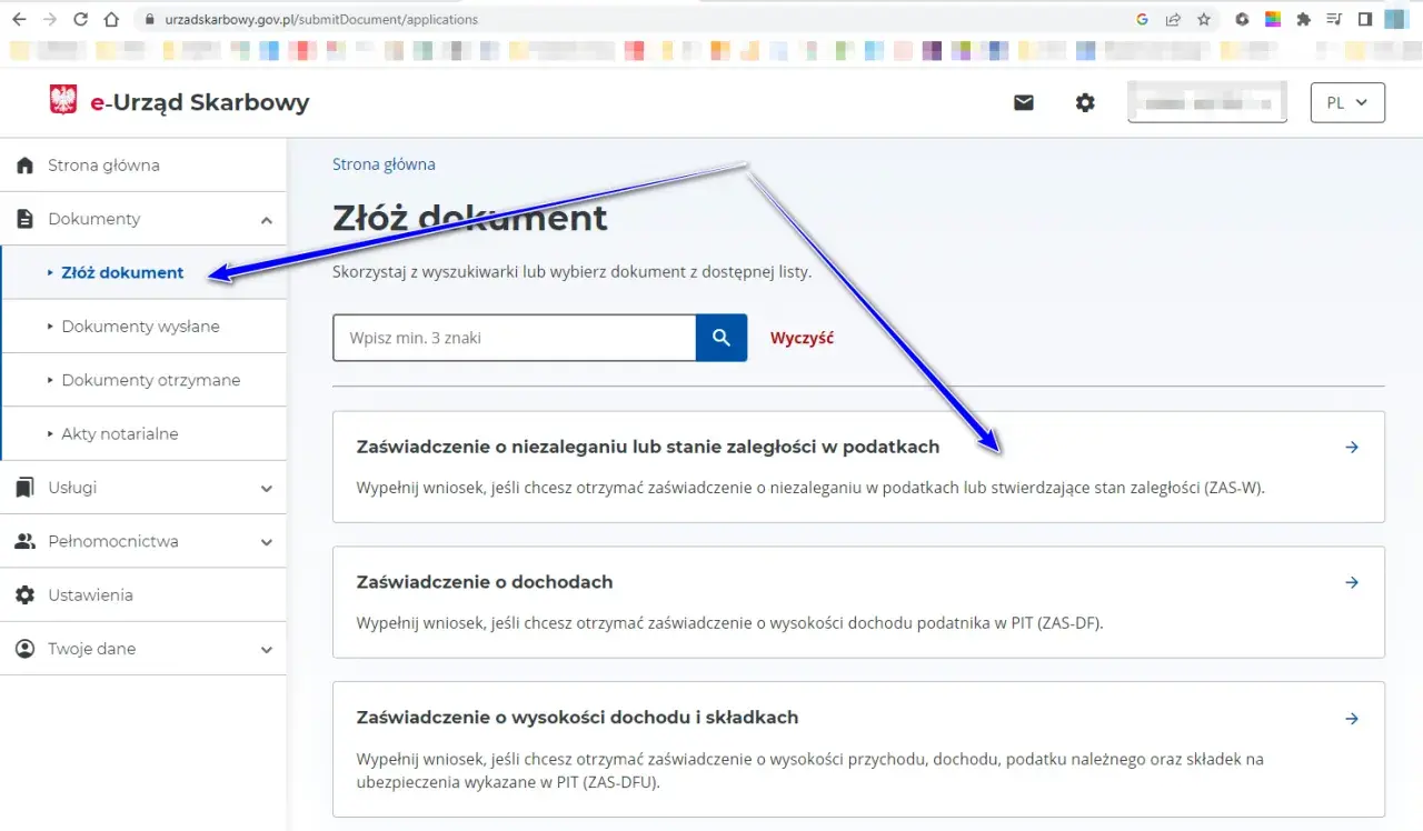 Wybierz opcję "Zaświadczenie o niezaleganiu lub stanie zaległości w podatkach" na stronie e-Urzędu Skarbowego, aby złożyć wniosek.