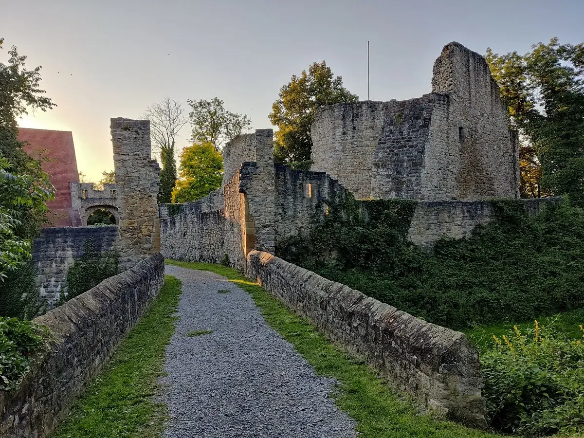 Ein Weg führt zur Burgruine Nippenburg. Steine und Grünpflanzen umgeben die alten Mauern im Abendlicht.