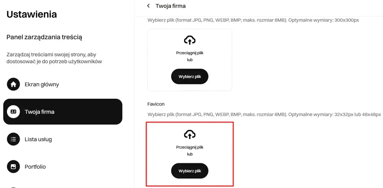 Ustawienia strony: wybór pliku dla ikony strony (favicon) i jej optymalny rozmiar.