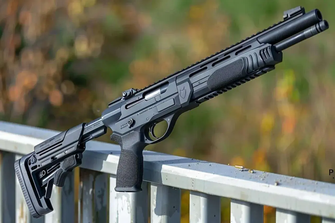 Un fusil tactique noir, avec une crosse réglable et une poignée ergonomique, posé sur une rambarde. C'est peut-être son premier fusil.