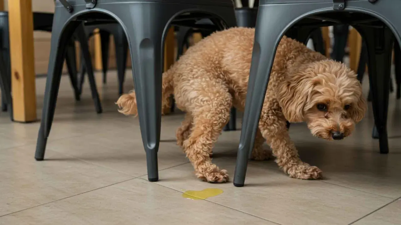 Un perrito marrón, bajo una silla, deja un charco amarillo. ¿Por qué marcan los perros a las personas? Quizás por miedo o para sentirse seguros.