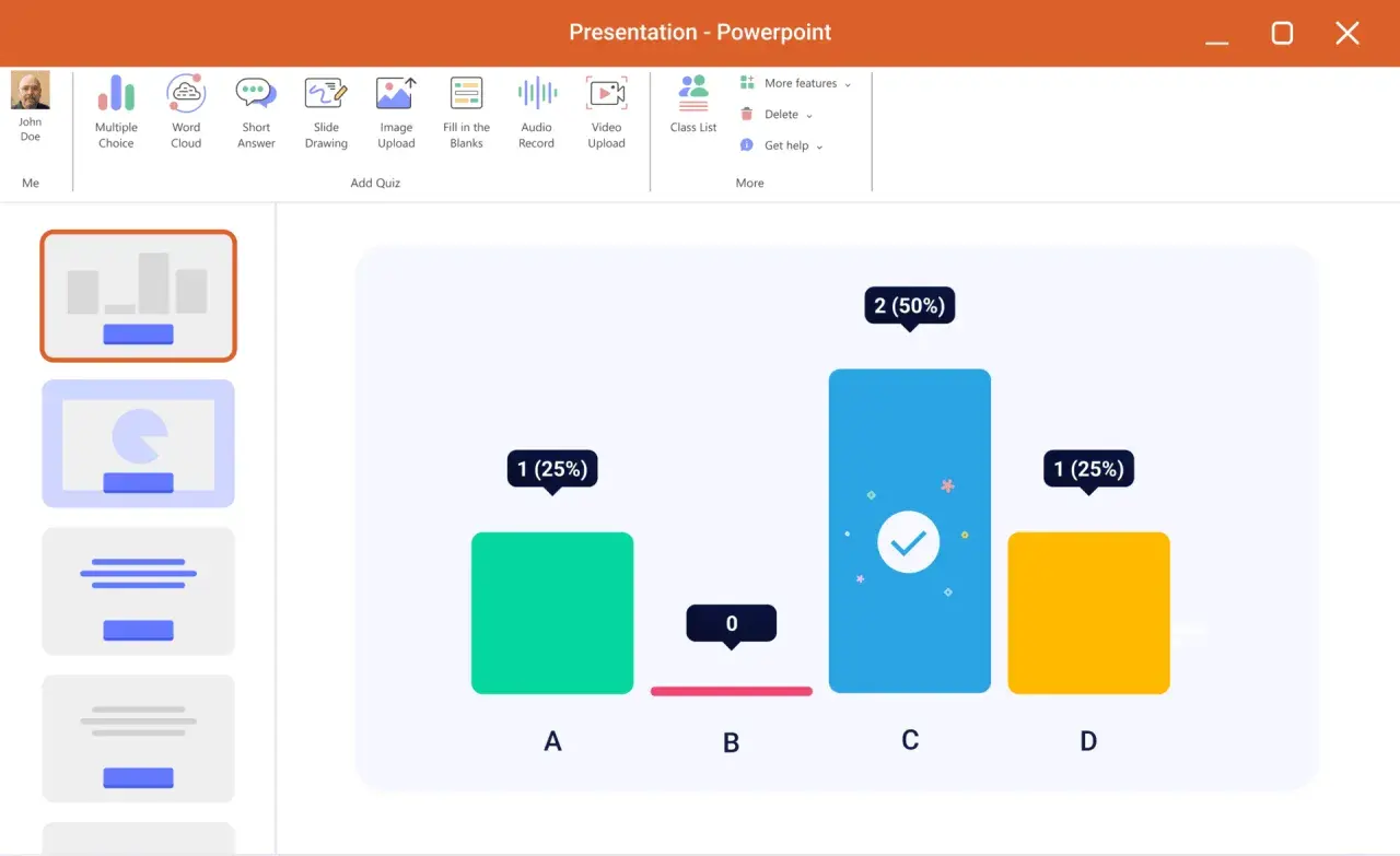 Wykres słupkowy w prezentacji PowerPoint pokazuje wyniki ankiety. Jakie rozszerzenie ma powerpoint? .pptx.