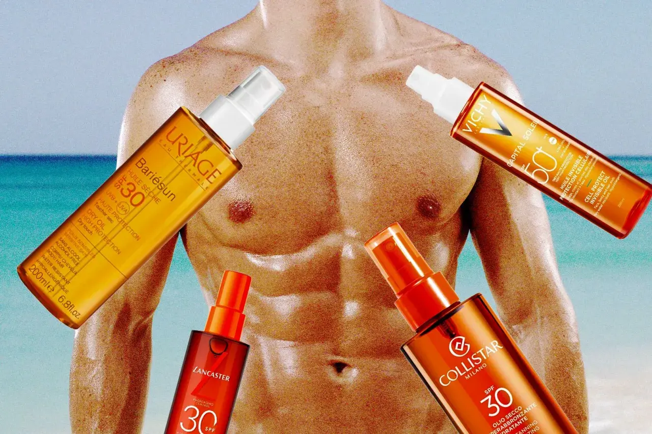 Olio abbronzante fa male? Quattro flaconi di spray solare (Uriage, Vichy, Lancaster, Collistar) circondano un torso maschile muscoloso.