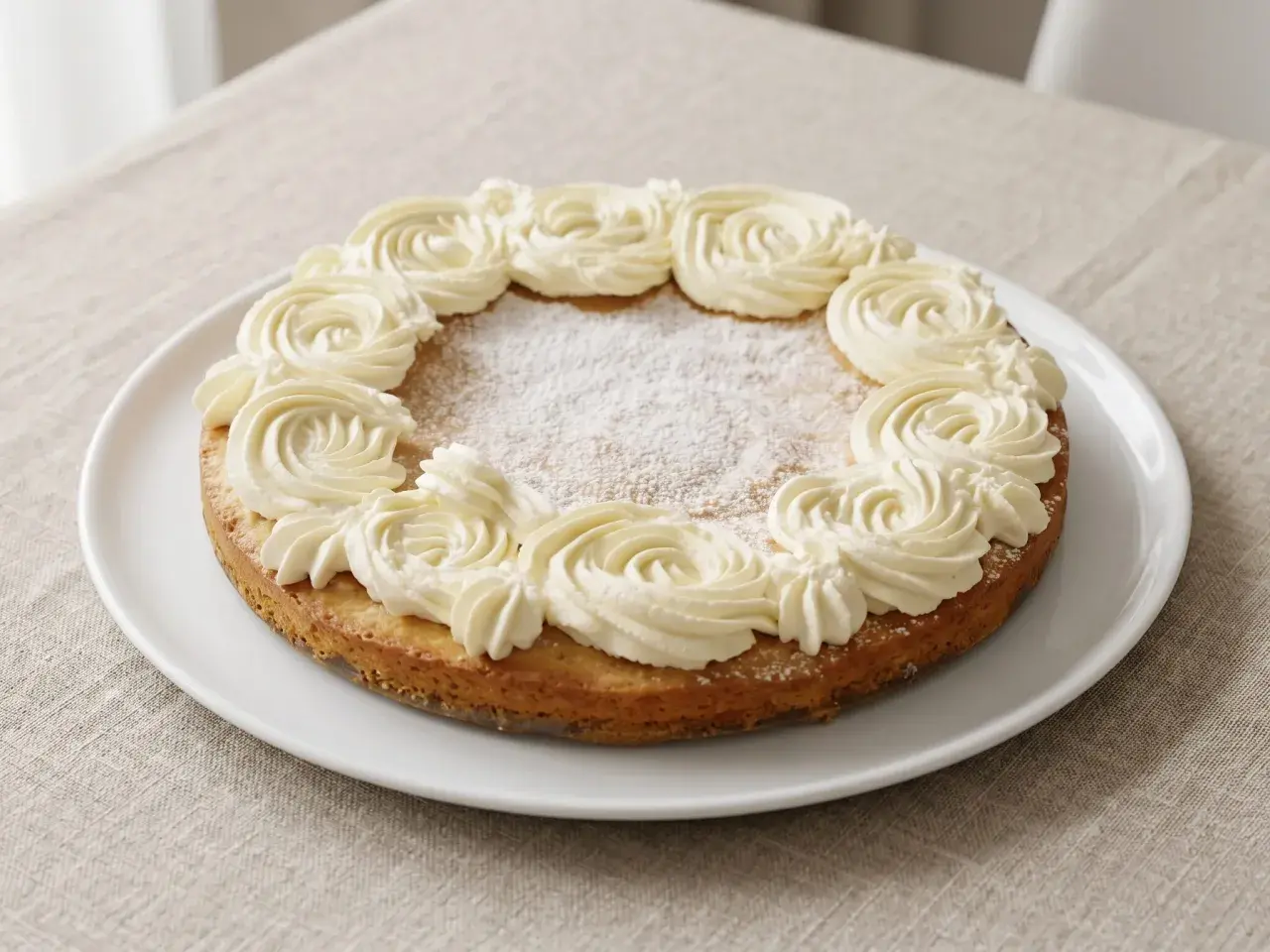 En härlig semmelkladdkaka glutenfri med fluffig grädde runt kanten, pudrad med florsocker.