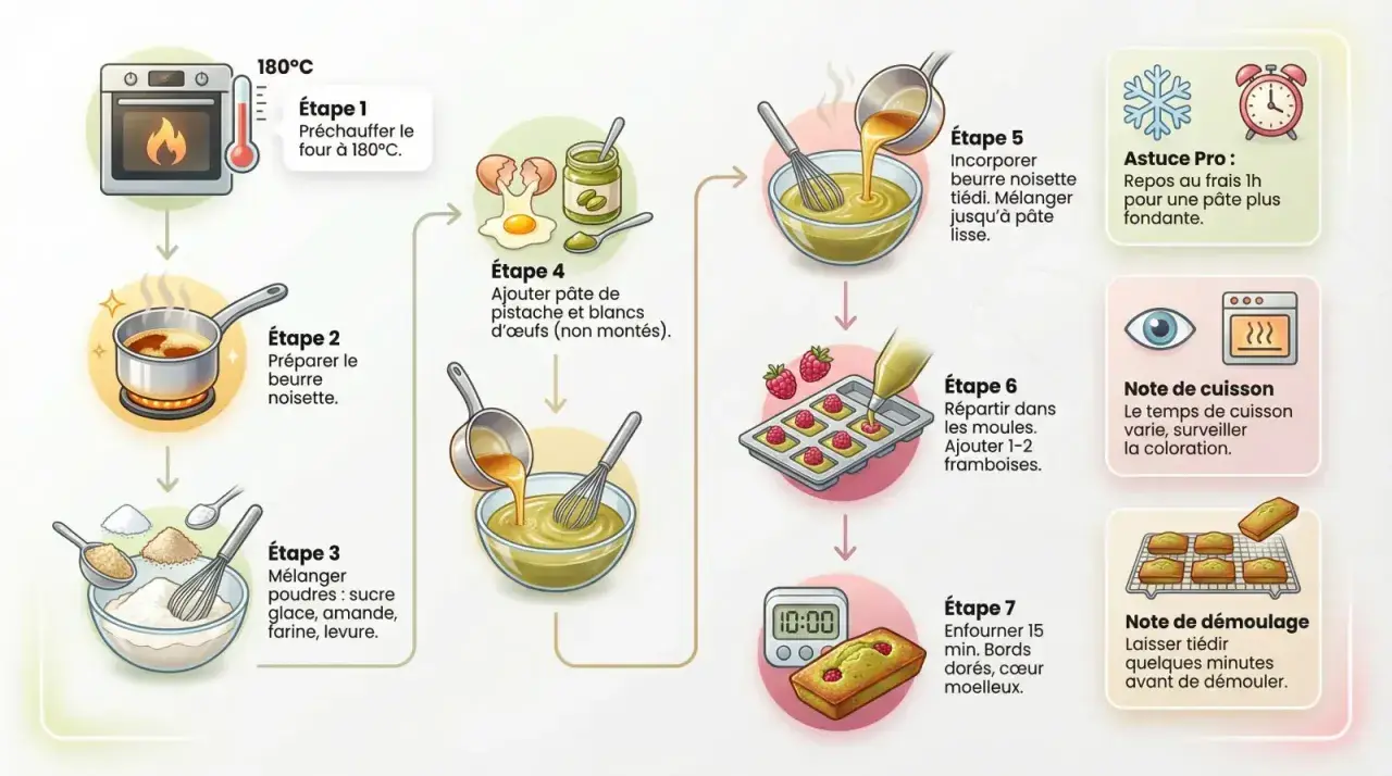 Infographie illustrant les étapes d'une recette de financier : préchauffage du four, préparation du beurre noisette, mélange des poudres, ajout de la pâte de pistache, incorporation du beurre, remplissage des moules avec des framboises, et cuisson.