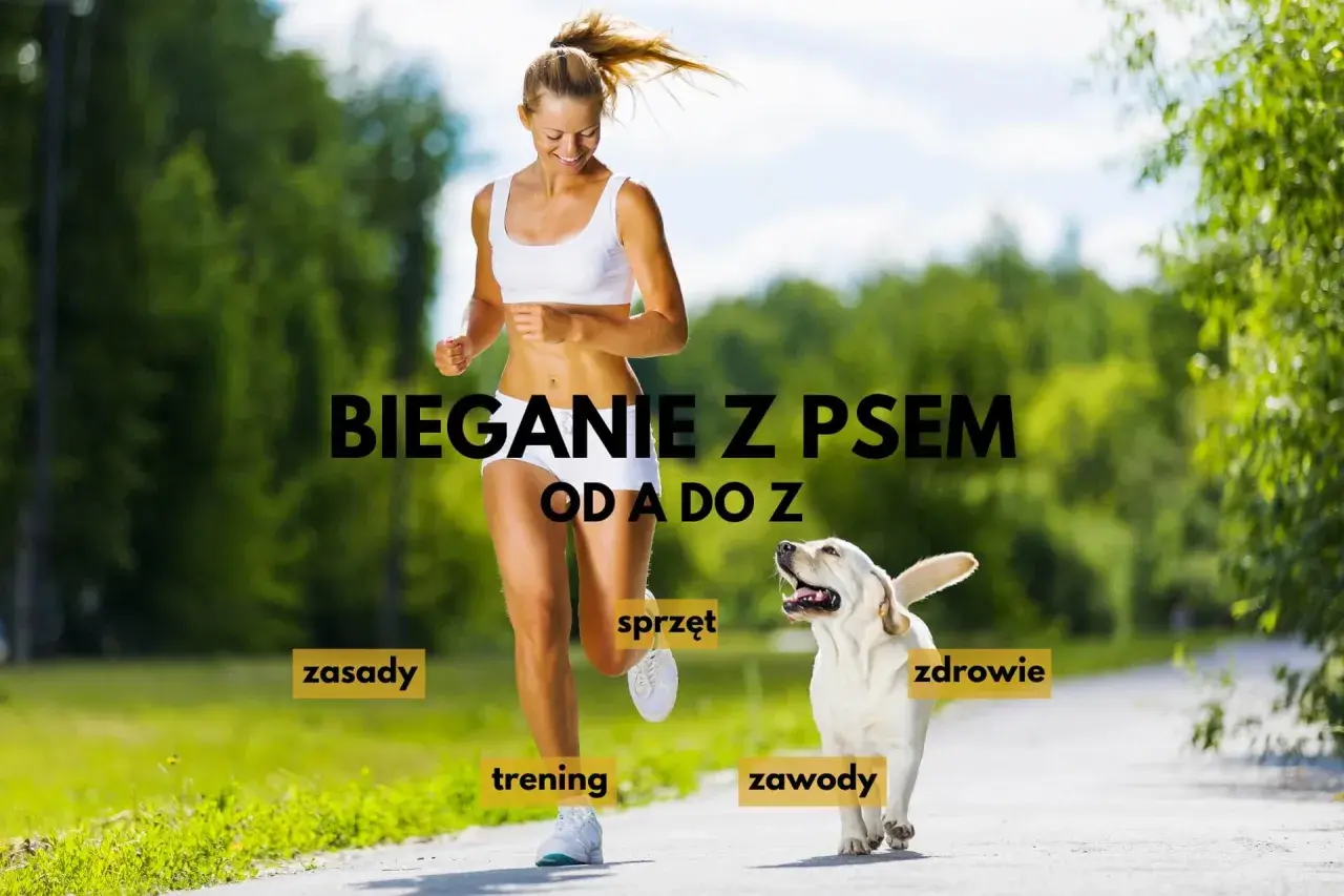 Szczęśliwa kobieta i jej pies biegają razem. Napis "Bieganie z psem od A do Z" sugeruje kompleksowy przewodnik po tej aktywności.