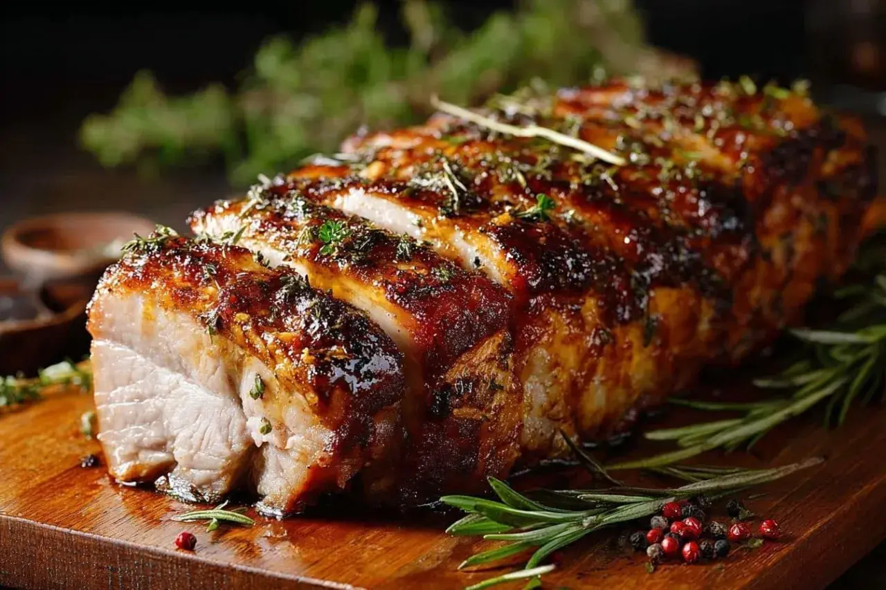 Un délicieux roti de porc, laqué et parsemé d'herbes, est tranché sur une planche en bois, prêt à être dégusté.