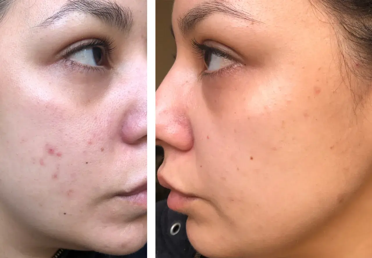 Split image showing a woman's cheek before and after treatment, with reduced redness and blemishes.