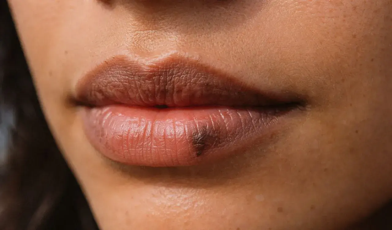Primer plano de unos labios con una mancha oscura en el labio inferior.