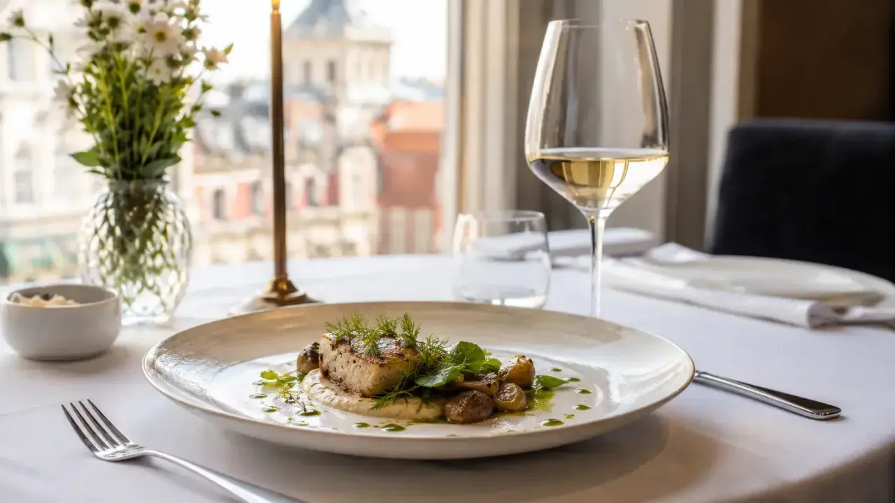 Eleganckie danie rybne z ziołami i ziemniaczkami, serwowane w restauracji z gwiazdką Michelin w Polsce. Kieliszek białego wina i bukiet kwiatów dopełniają atmosferę.