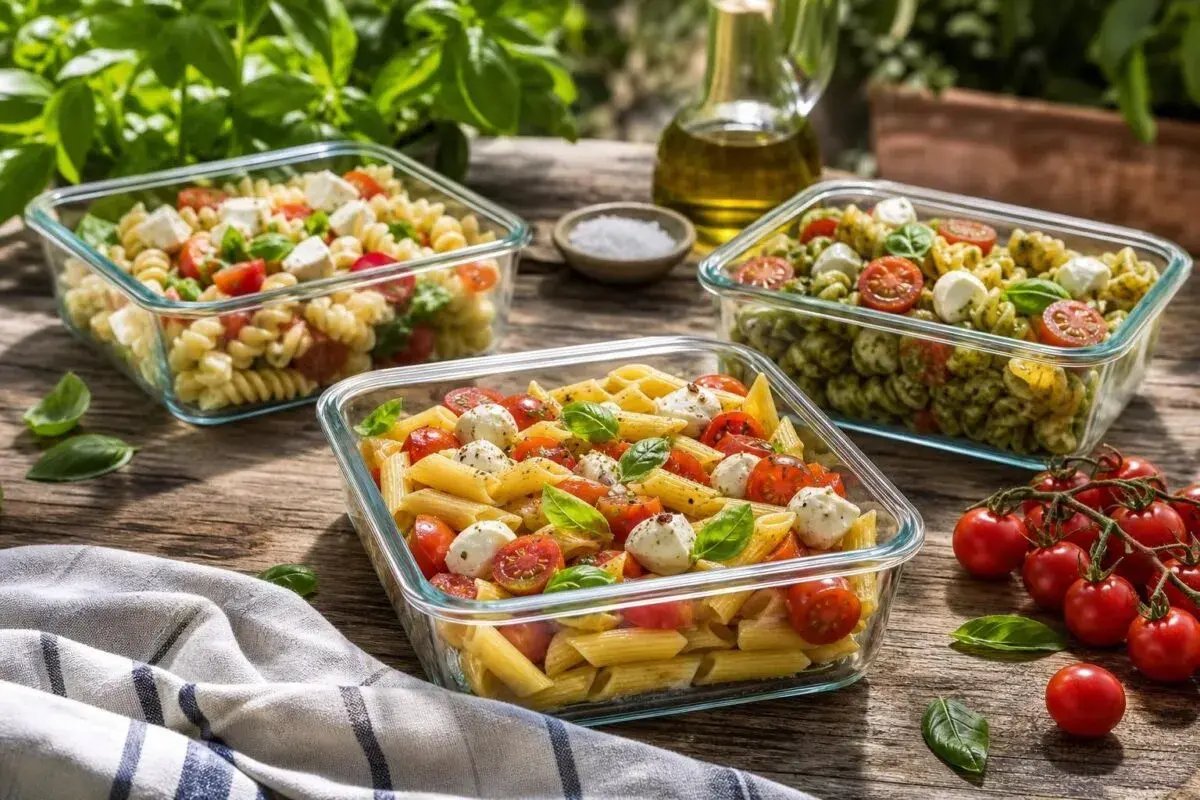 Tre insalate di pasta estiva colorate, con pomodorini, mozzarella e basilico, pronte per essere gustate all'aperto.
