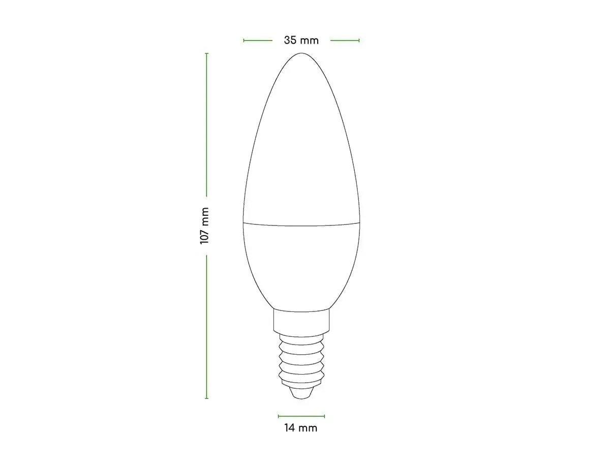 Schematyczna żarówka typu świeca z wymiarami: 107 mm wysokości, 35 mm szerokości, 14 mm gwint.