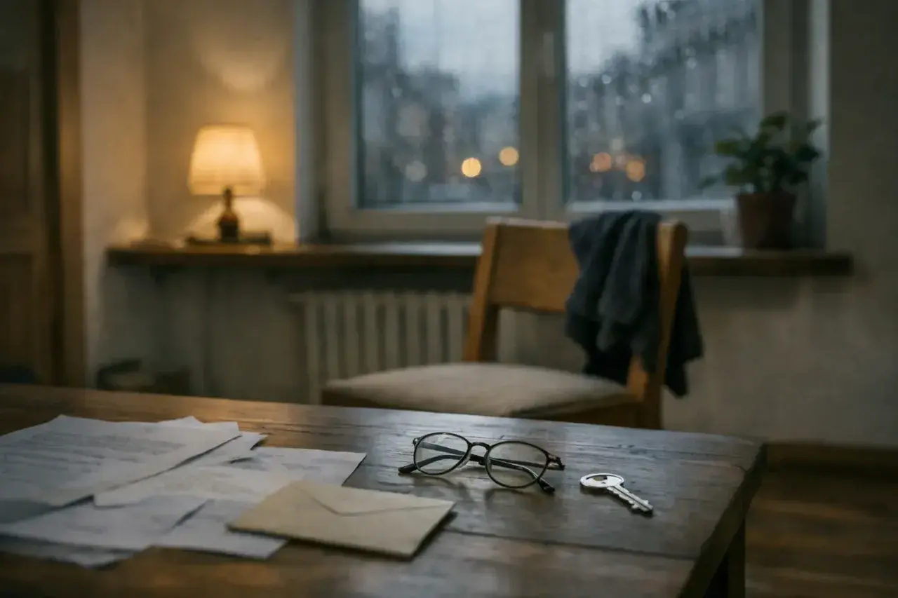 Na drewnianym stole leżą dokumenty, okulary i klucz. To miejsce, gdzie można dowiedzieć się, jak obliczyć zachowek.