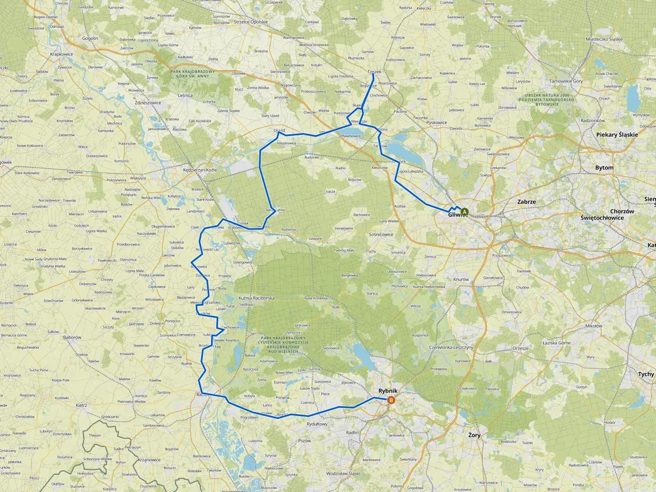 Trasy rowerowe Gliwice i okolice. Mapa pokazuje sieć dróg i ścieżek rowerowych, idealnych do odkrywania piękna regionu.