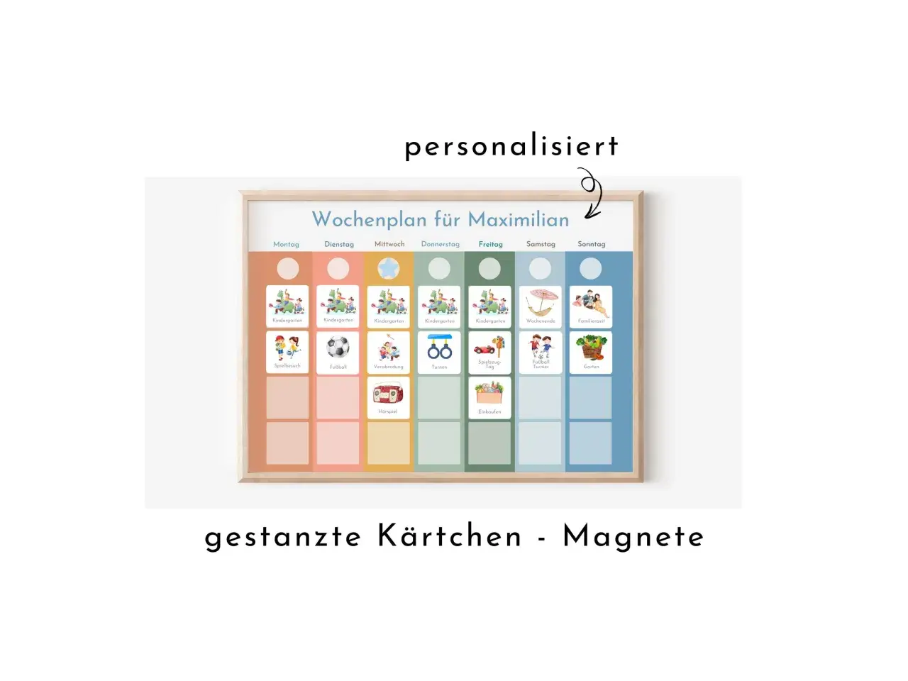 Personalisierter Wochenplan für Kita-Kinder mit Aktivitäten wie Kindergarten, Fußball, Spielbesuch und Familienzeit.