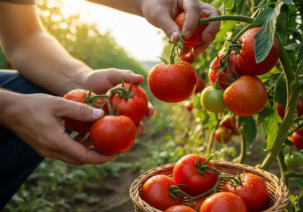 Mani raccolgono succosi pomodori maturi dal terreno argilloso. Un cesto di vimini attende il raccolto.