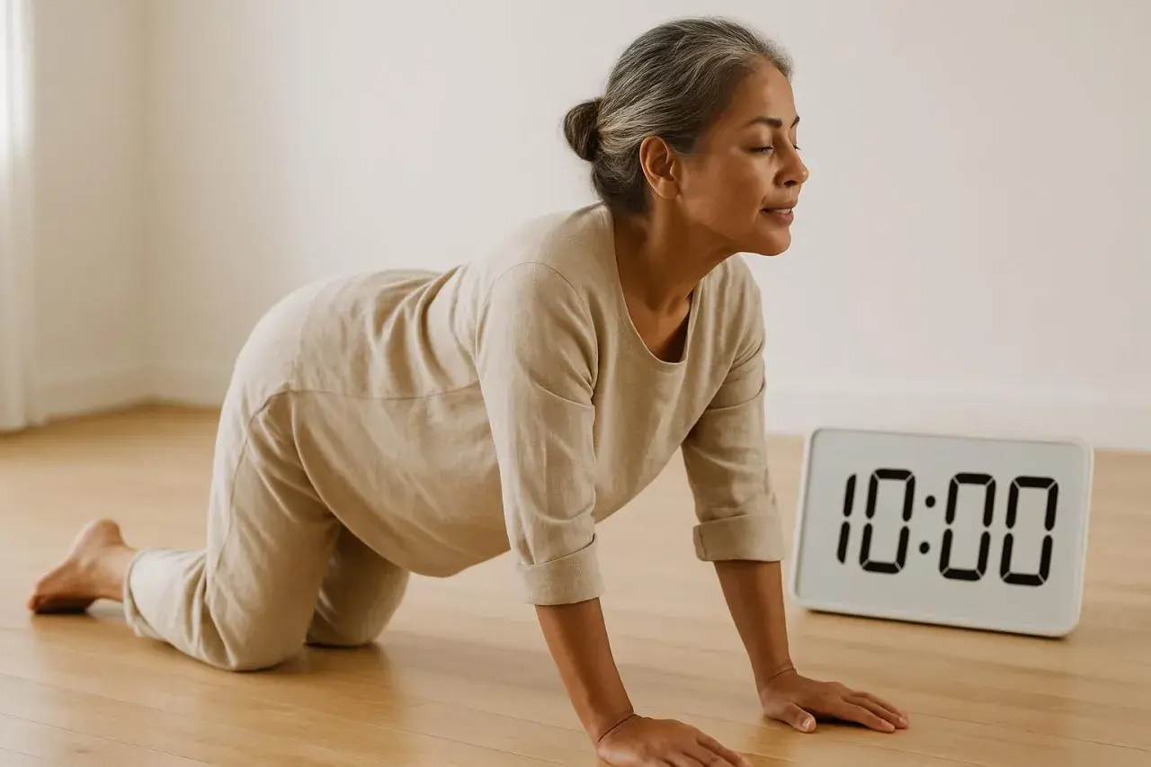 Donna in posizione yoga per la mobilità del bacino, con un timer digitale che segna 10:00.