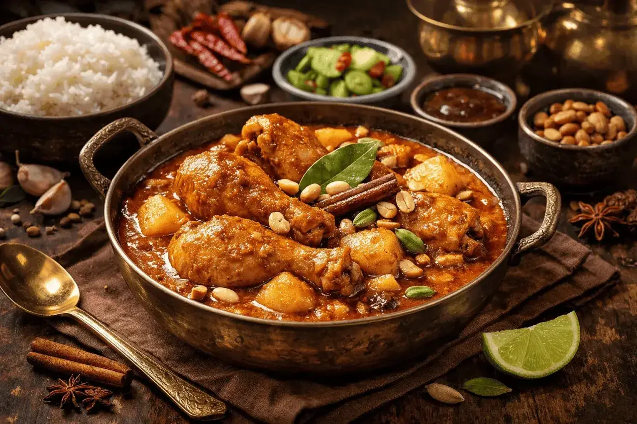 En mustig massaman curry med kyckling, potatis och jordnötter i en vacker kopparskål, serverad med ris och lime.