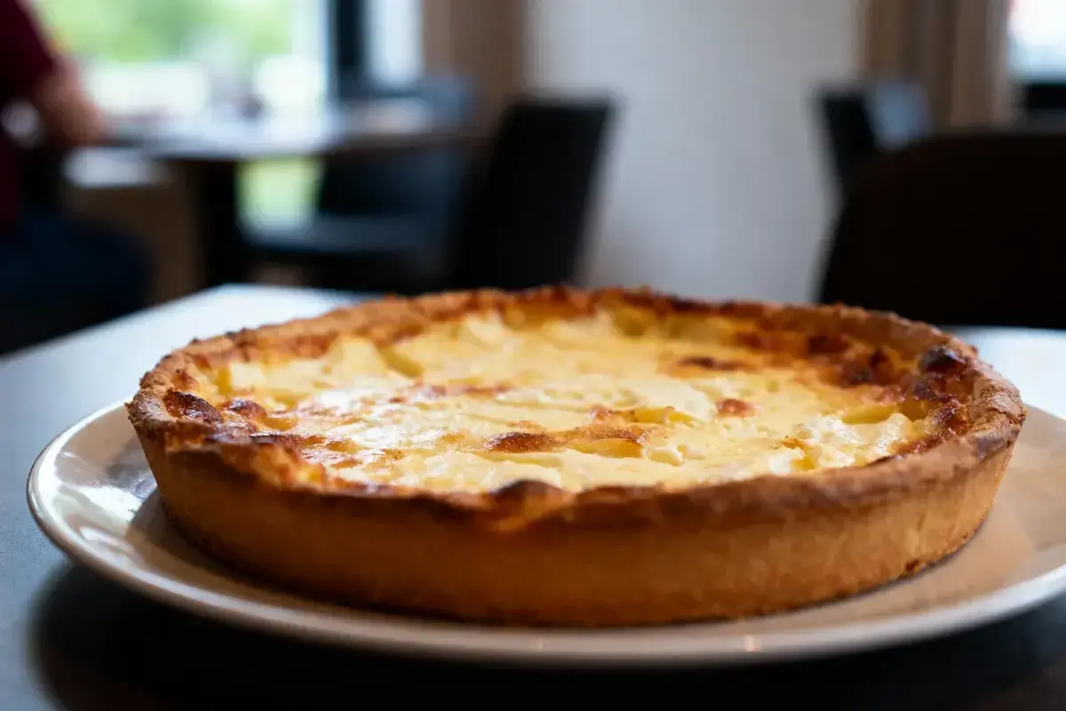 Une tarte au fromage dorée et appétissante, prête à être dégustée dans une ambiance chaleureuse.