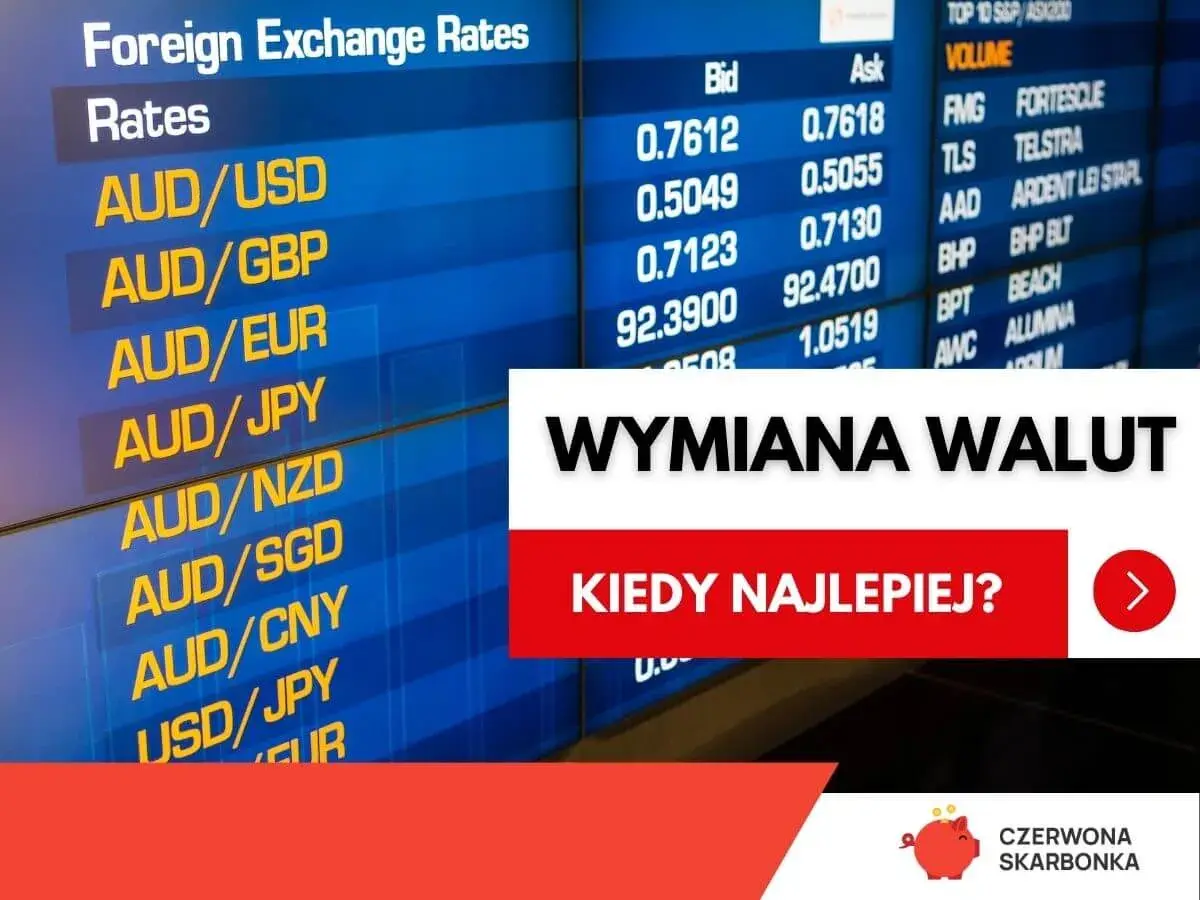 Tablica kursów walut, z napisem "WYMIANA WALUT". Zastanawiasz się, kiedy najlepiej wymienić tiền ba lan?