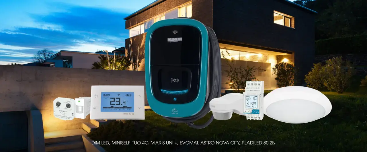 Dispositivos para saber como automatizar las luces de mi casa: termostato, sensor de movimiento, cargador de coche eléctrico y luminarias.