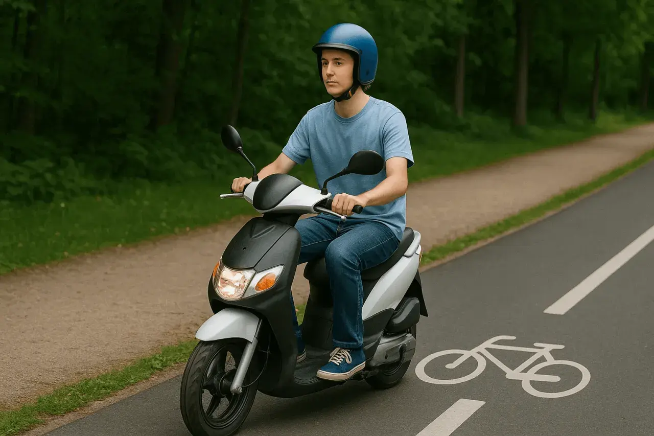 Ung man kör mopedbil på en cykelbana i skogen. Han har blå hjälm och jeans.