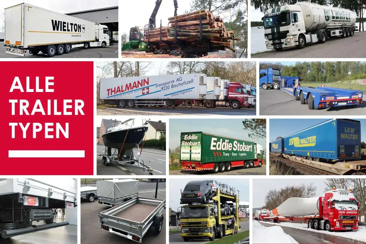 Vielfältige LKW-Anhänger und Sattelzüge, darunter ein Gliederzug, der Holz transportiert, ein Tankwagen und ein Autotransporter.