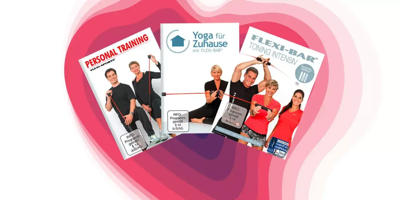 Menschen schwingen eine sport stange für ein intensives Training. Mehrere DVDs zeigen Übungen für Zuhause.
