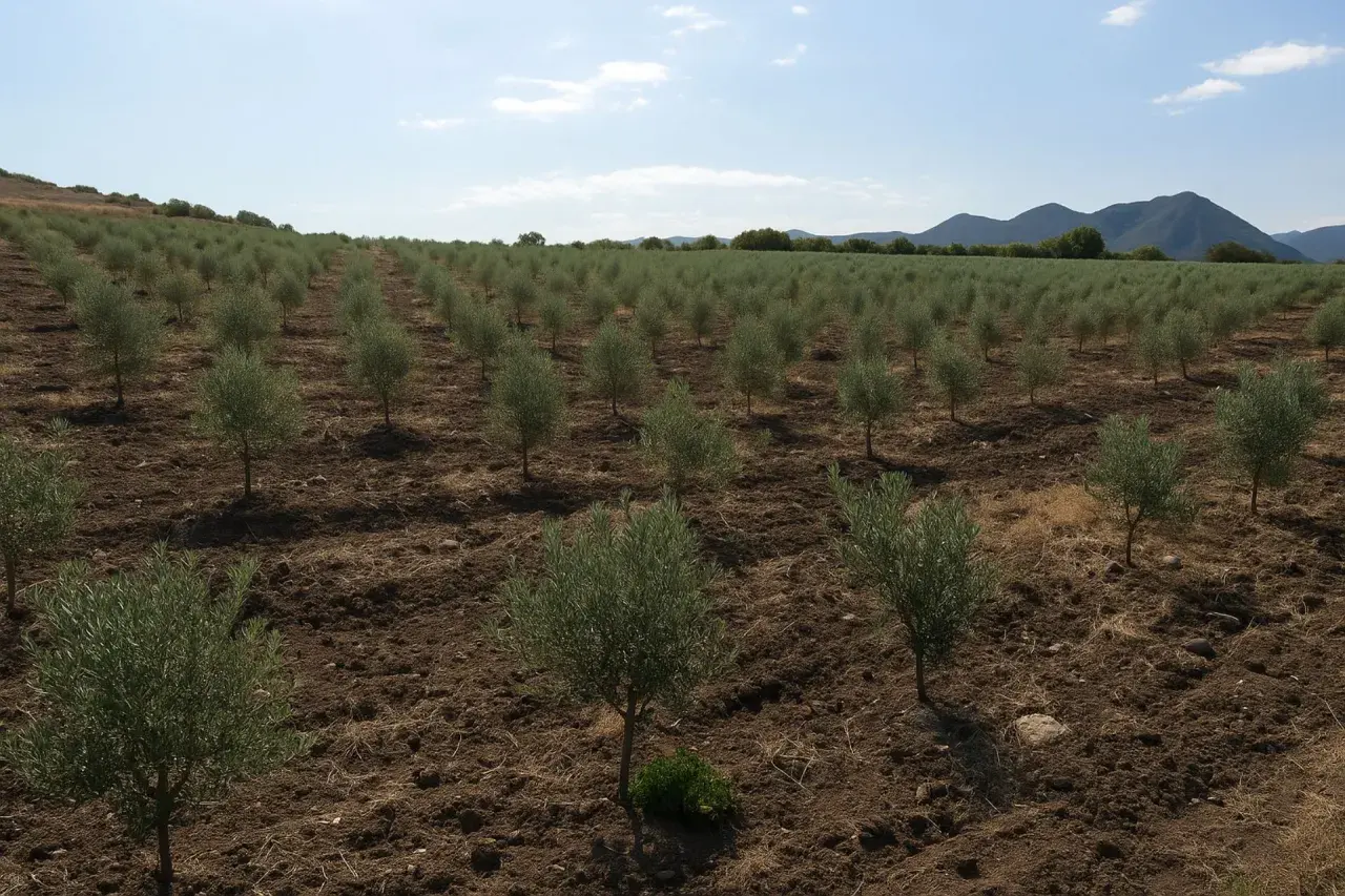 Filare di giovani olivi in un campo arato, con montagne sullo sfondo. L'irrigazione olivo estate è fondamentale per la crescita.
