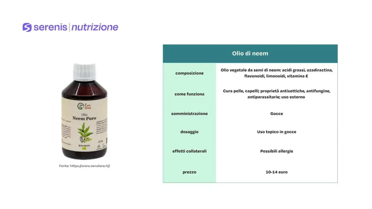 Flacone di Olio di Neem Puro, biologico, con informazioni su composizione, benefici per pelle e capelli, uso esterno e prezzo.