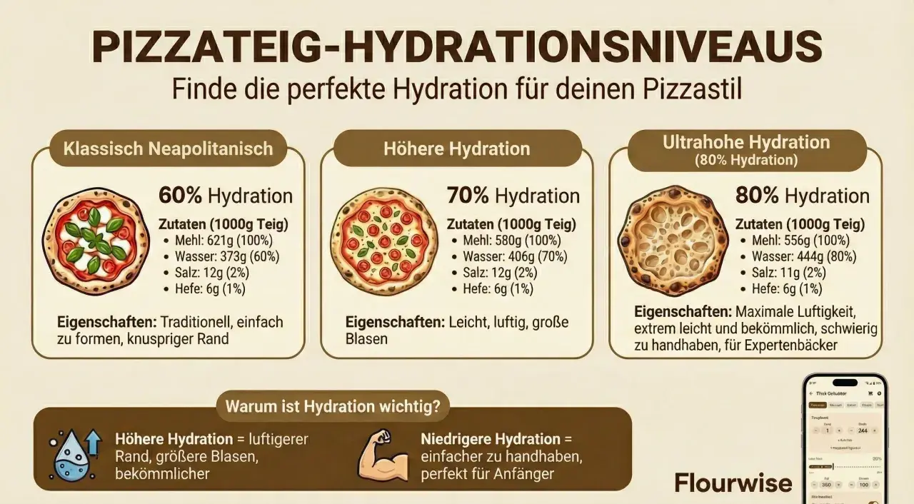 Pizzateig-Hydration: 60-80% Wasser für perfekten Teig. Die richtige pizzateig temperatur beeinflusst die Hydration.
