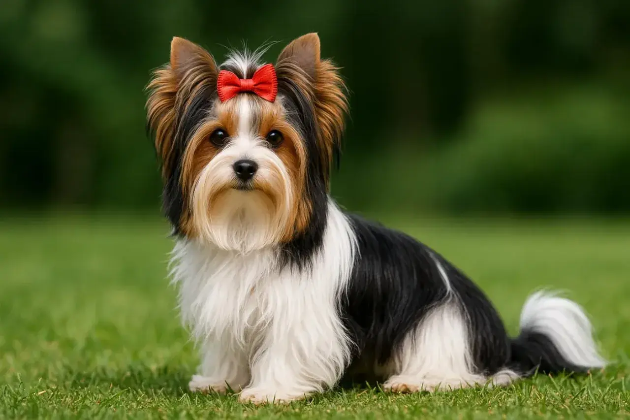 Uroczy Biewer Yorkshire Terrier z czerwoną kokardką na głowie, siedzący na trawie. Idealna waga dla tej rasy to ok. 2-3 kg.
