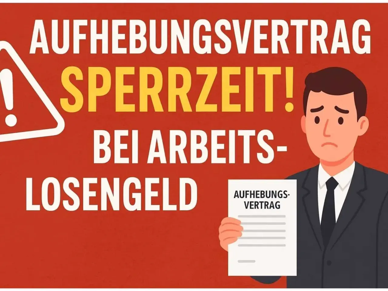 Achtung! Aufhebungsvertrag kann Sperrfrist beim Arbeitslosengeld bedeuten. Trauriger Mann hält Dokument.