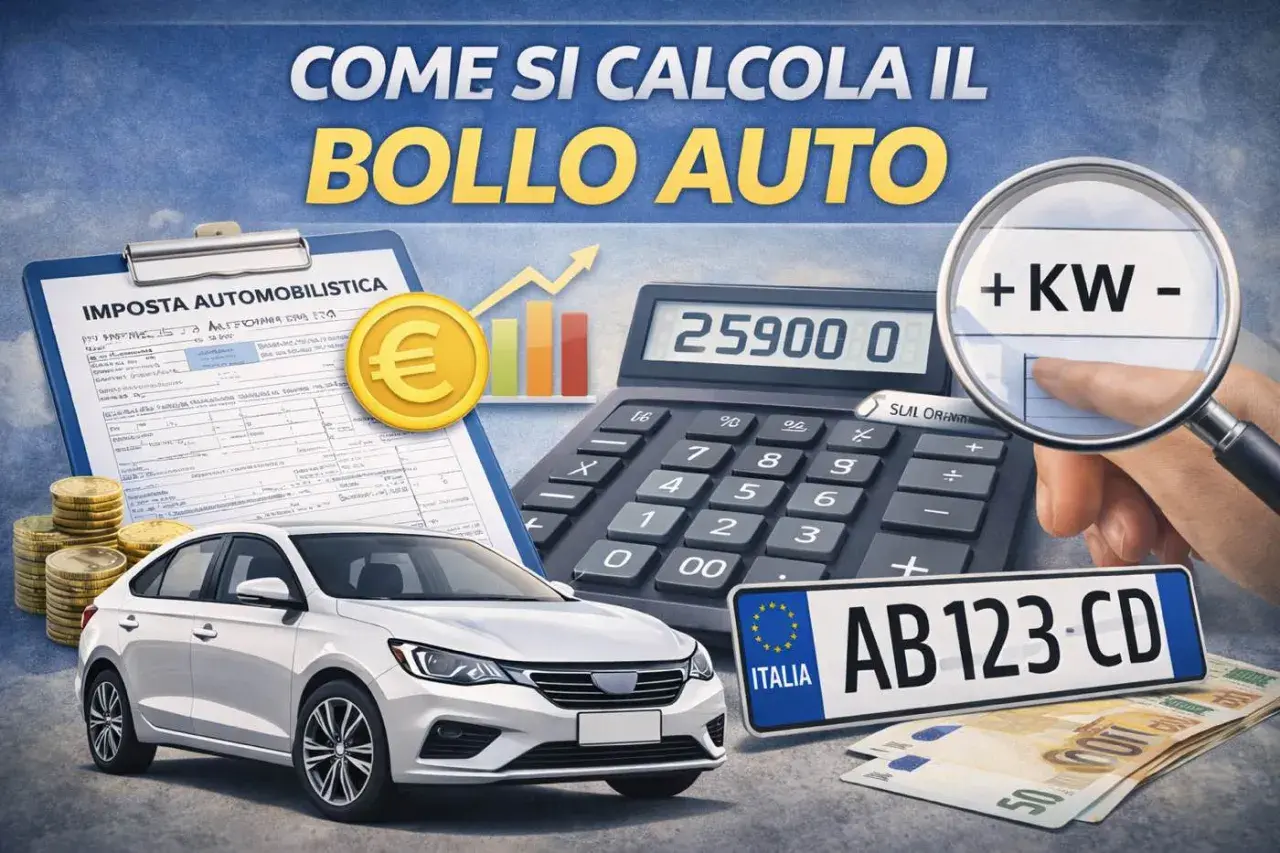 Calcolo bollo auto 2026: auto bianca, calcolatrice, euro, targa e documenti per capire quanto pagare.