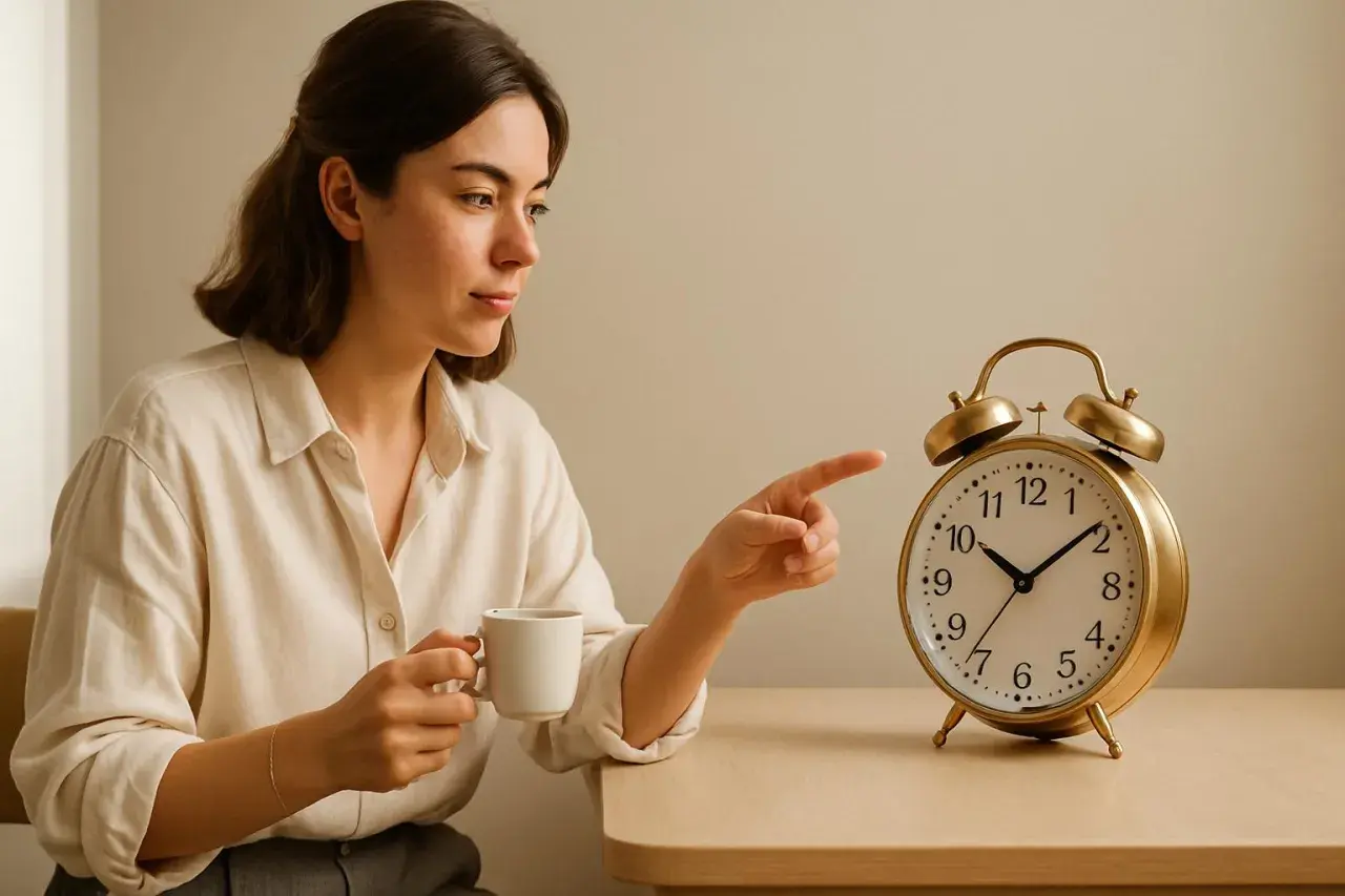 Donna con tazza di caffè indica una sveglia, pensando ai caffeina effetti sul cervello.
