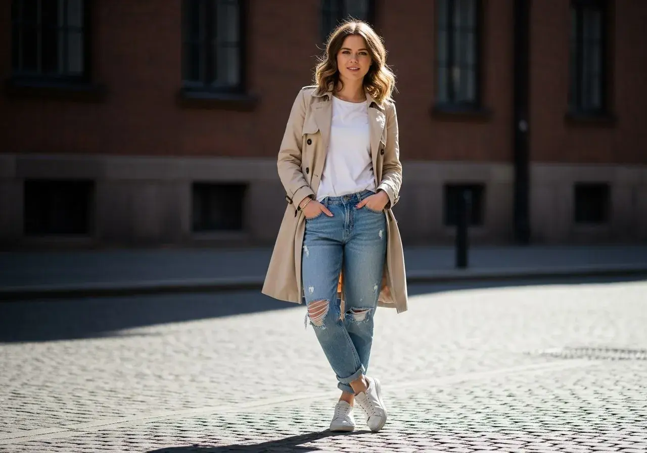 Kobieta w beżowym prochowcu i podartych spodniach boyfriend, biały t-shirt i sneakersy. Stylowe spodnie boyfriend na co dzień.