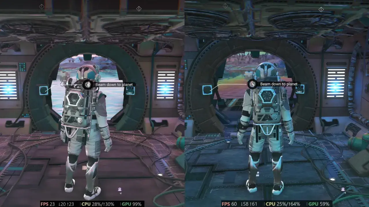 Comparaison des performances graphiques dans No Man's Sky. Le joueur se tient prêt à descendre sur une planète.