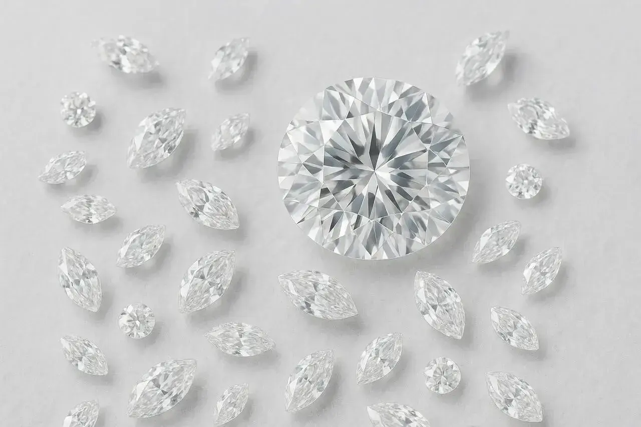 Błyszczące diamenty w różnych szlifach, od okrągłego po markizę. Ich twardość jest legendarna, a temperatura topnienia diamentu jest tak wysoka, że trudno ją osiągnąć.