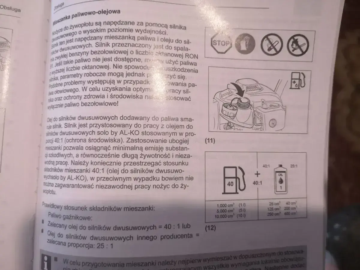 Jaki olej do benzyny? Do silników dwusuwowych zalecany jest olej AL-KO w proporcji 40:1. Inne oleje w proporcji 25:1.