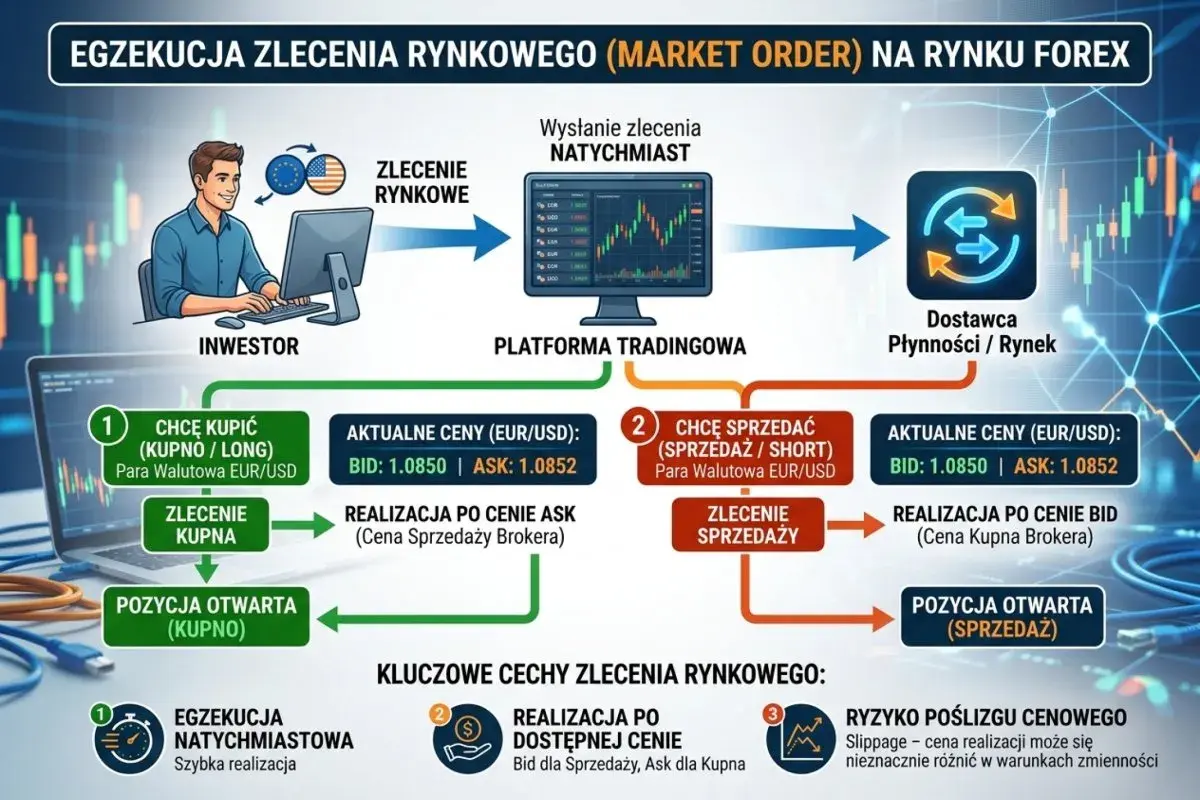Trader, kto to? Inwestor wysyła zlecenie rynkowe przez platformę, by szybko kupić lub sprzedać walutę na rynku Forex.