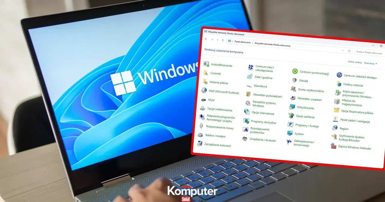 Panel sterowania Windows 11 z widocznymi opcjami konfiguracji systemu, takimi jak "Centrum sieci i udostępniania" czy "Menedżer urządzeń".